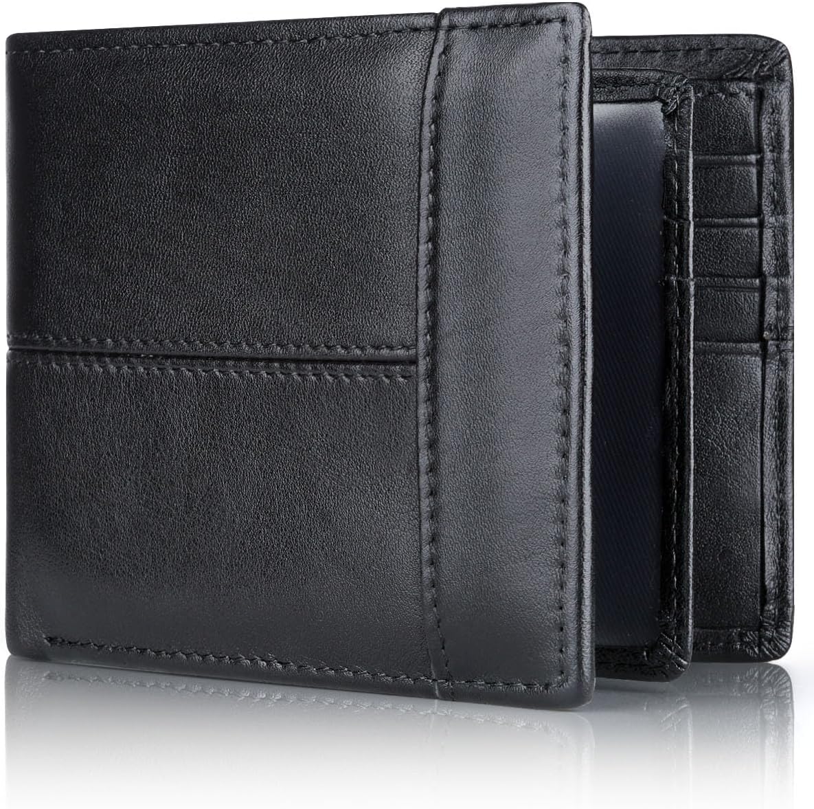 Genuine Leather Bifold Wallet with RFID Protection for Men – 16 Card Slots ID Window Cash Holder Classic Fold Design Slim Everyday Carry Poc