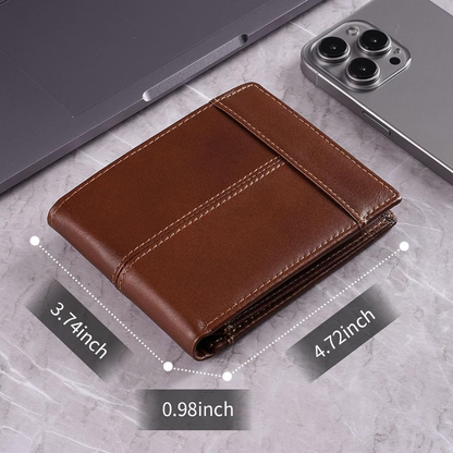 Genuine Leather Bifold Wallet with RFID Protection for Men – 16 Card Slots ID Window Cash Holder Classic Fold Design Slim Everyday Carry Poc
