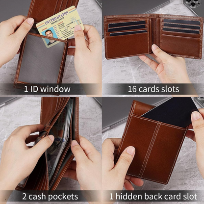 Genuine Leather Bifold Wallet with RFID Protection for Men – 16 Card Slots ID Window Cash Holder Classic Fold Design Slim Everyday Carry Poc