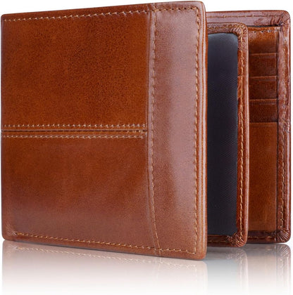 Genuine Leather Bifold Wallet with RFID Protection for Men – 16 Card Slots ID Window Cash Holder Classic Fold Design Slim Everyday Carry Poc