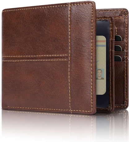 Genuine Leather Bifold Wallet with RFID Protection for Men – 16 Card Slots ID Window Cash Holder Classic Fold Design Slim Everyday Carry Poc
