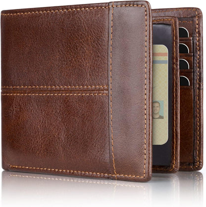Genuine Leather Bifold Wallet with RFID Protection for Men – 16 Card Slots ID Window Cash Holder Classic Fold Design Slim Everyday Carry Poc