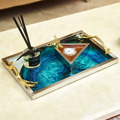 Glass Decorative Tray with Agate Design – 16-Inch Round & Rectangular Platter for Dining Room, Coffee Table, Vanity Display