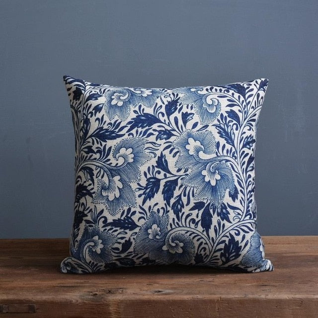 Throw Pillow Cover 18x18 Inches Blue Porcelain Print Linen Cotton Hidden Zipper for Couch Bedroom Chair Soft Textured Decorative Cushion Cas
