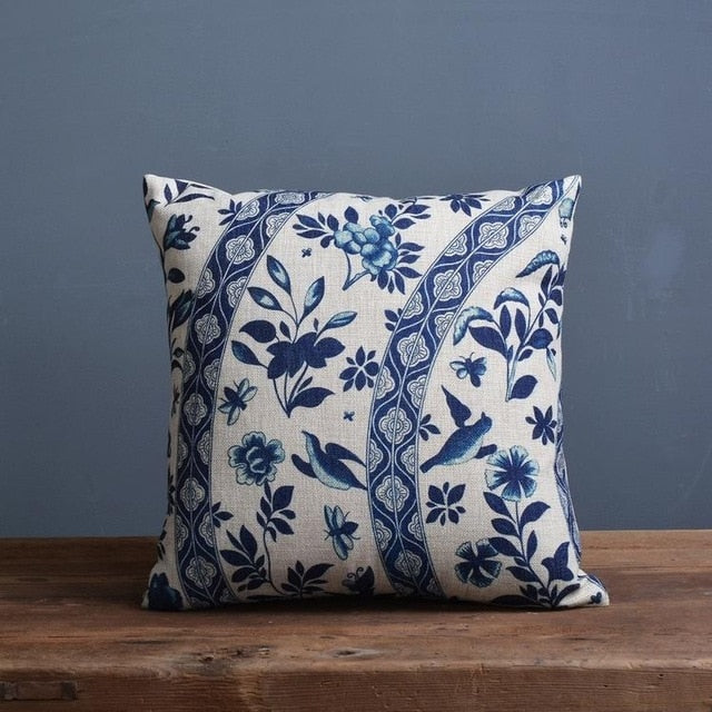 Throw Pillow Cover 18x18 Inches Blue Porcelain Print Linen Cotton Hidden Zipper for Couch Bedroom Chair Soft Textured Decorative Cushion Cas