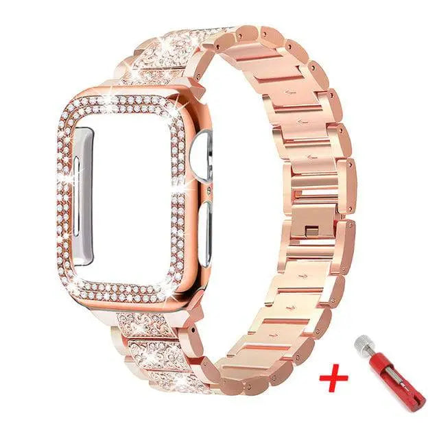 Embellished Steel Band + Protective Case Set for Apple Watch Series (38mm–44mm) – Coordinated Finish