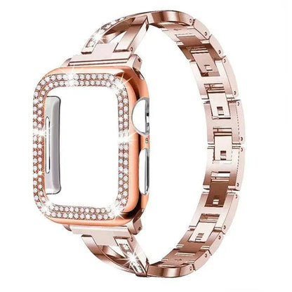 Jewelry-Style Steel Watch Band & Protective Case Bundle for Apple Watch Series – Coordinated Finish & Snap-On Installation