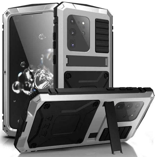 Heavy-Duty Aluminum Galaxy S20 Plus & Ultra Case with Tempered Glass Screen – Full-Body Drop Protection for Samsung
