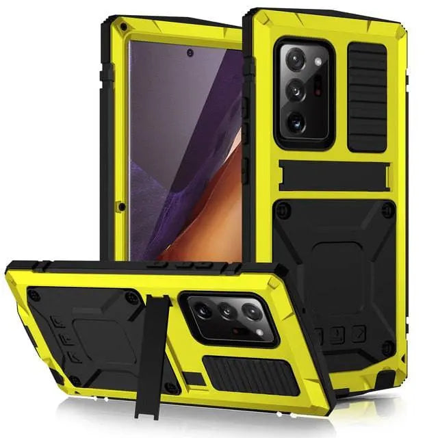 Heavy-Duty Aluminum Phone Case for Galaxy Note 20 & Note 20 Ultra – Tempered Glass Screen Guard, Built-In Kickstand, Scratch-Resistant