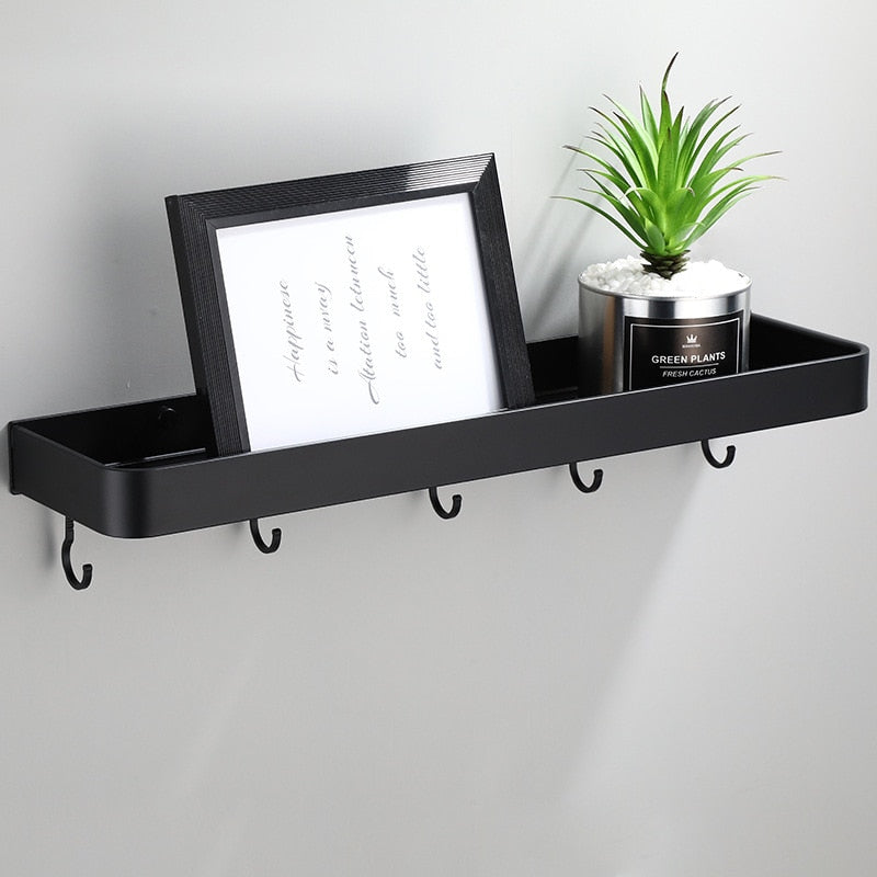 Floating Aluminum Storage Rack for Bathroom & Kitchen Organization | Space-Saving Wall Shelf with Towel Bar | Black Metal Organizer for Smal