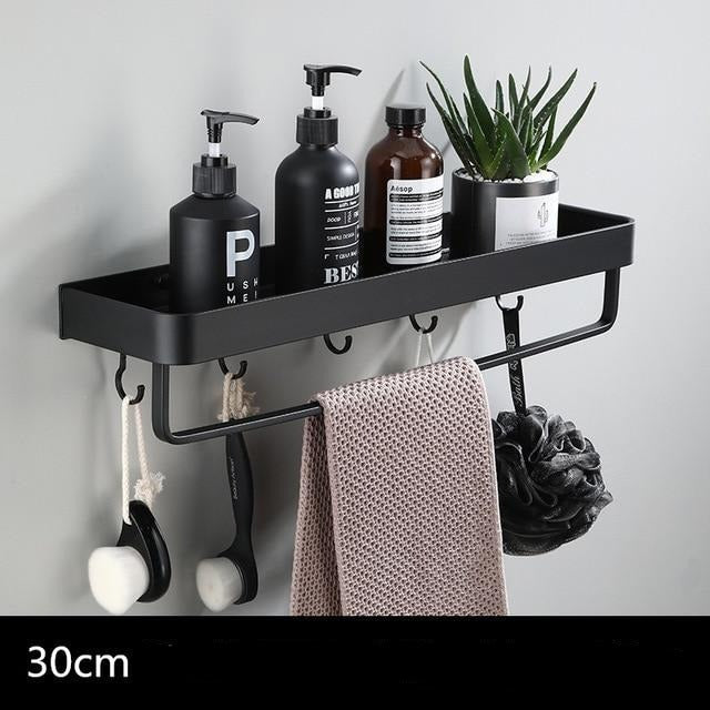 Floating Aluminum Storage Rack for Bathroom & Kitchen Organization | Space-Saving Wall Shelf with Towel Bar | Black Metal Organizer for Smal