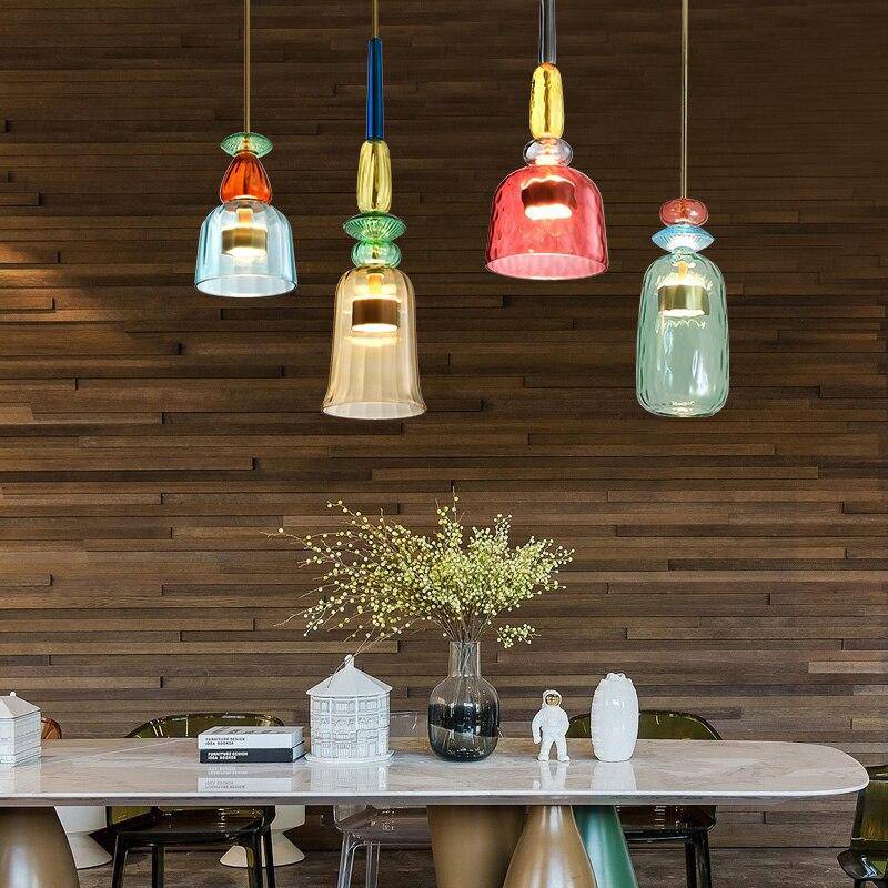 Hanging Glass Shade Fixture with LED Bulb – Adjustable Height Iron Ceiling Light for Kitchen Island Dining Room Bedroom – 6 in Colored Glass
