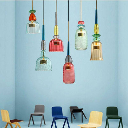 Hanging Glass Shade Fixture with LED Bulb – Adjustable Height Iron Ceiling Light for Kitchen Island Dining Room Bedroom – 6 in Colored Glass