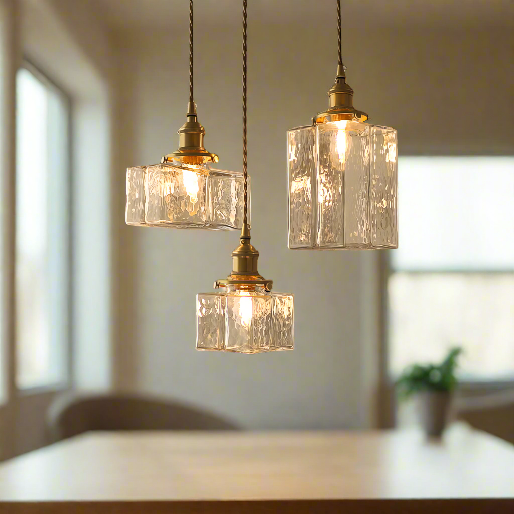 Hanging Fixture with Clear Textured Glass Globe & Brass Socket – 10 in Shade for Dining Table or Kitchen – Warm Ambient Overhead Lighting