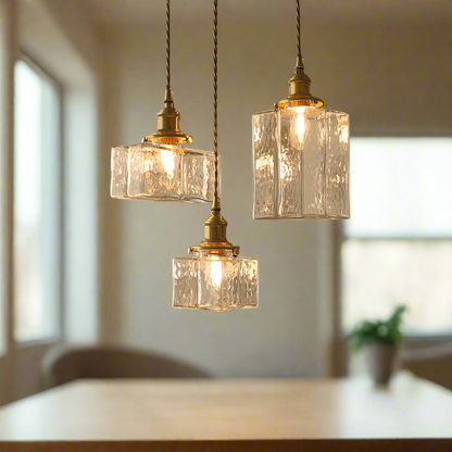 Ribbed Glass Globe Hanging Light Fixture with Brass Accents for Dining Areas and Entryways