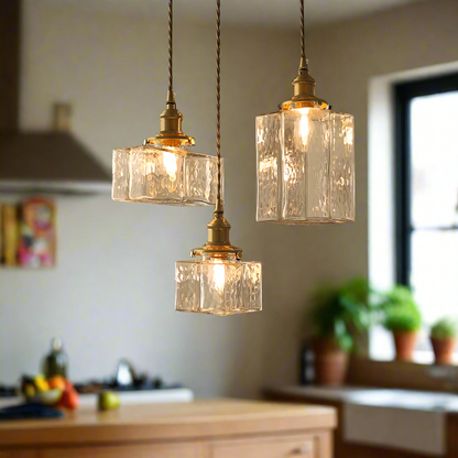Ribbed Glass Globe Hanging Light Fixture with Brass Accents for Dining Areas and Entryways