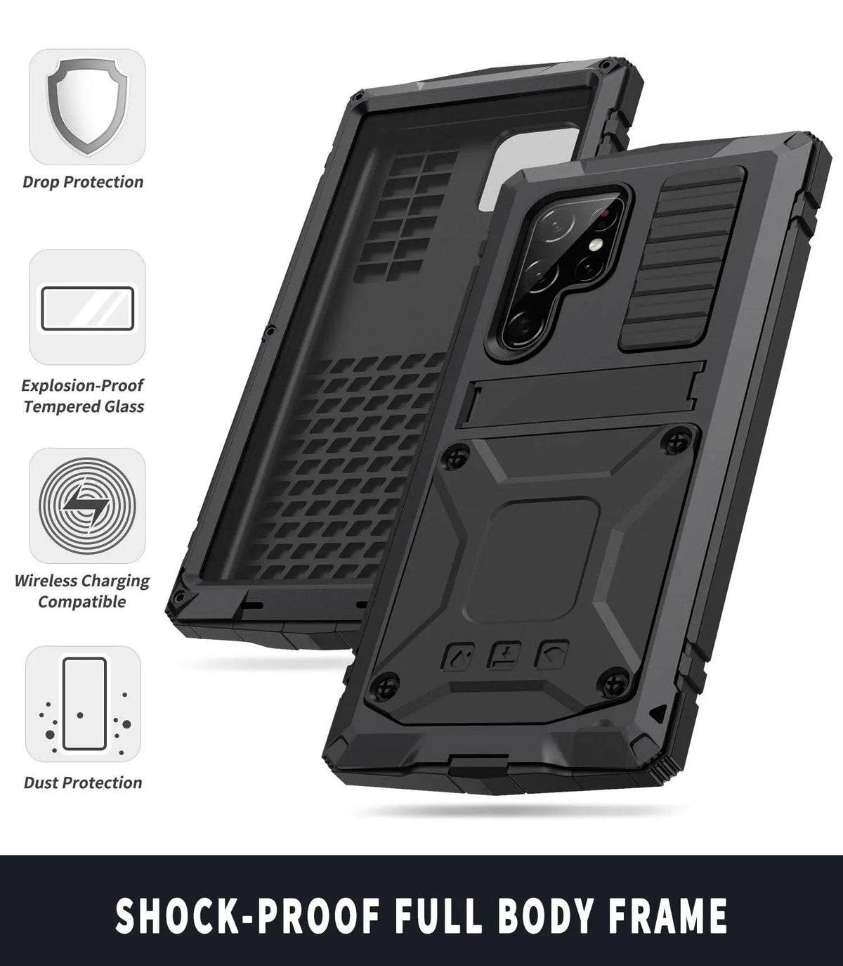 Metal Aluminum Phone Case with Kickstand & Glass Screen Protector for Galaxy S22 Series – Shockproof Full-Body Armor Shell
