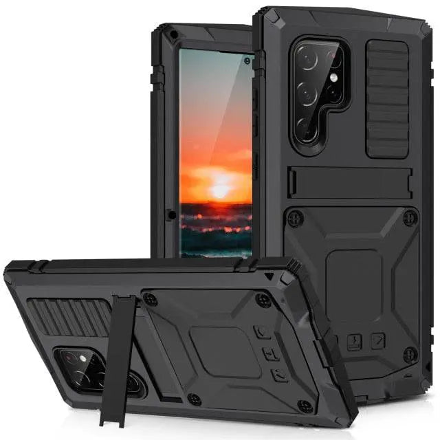Metal Aluminum Phone Case with Kickstand & Glass Screen Protector for Galaxy S22 Series – Shockproof Full-Body Armor Shell