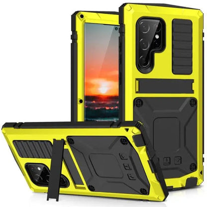 Metal Aluminum Phone Case with Kickstand & Glass Screen Protector for Galaxy S22 Series – Shockproof Full-Body Armor Shell