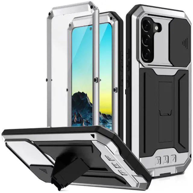 Heavy-Duty Aluminum Shell Phone Case with Built-In Kickstand & Screen Guard for Samsung Galaxy S22, S22 Plus & S22 Ultra