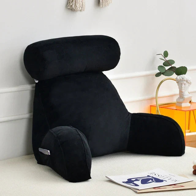 Backrest Cushion with Armrests for Lounging in Bed – Lumbar Support Pillow for TV & Books – Machine Washable Cover, Side Pocket