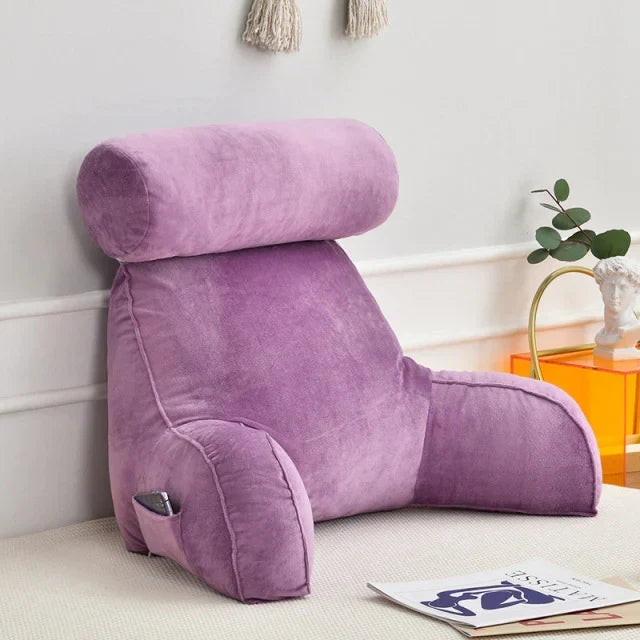 Backrest Cushion with Armrests for Lounging in Bed – Lumbar Support Pillow for TV & Books – Machine Washable Cover, Side Pocket