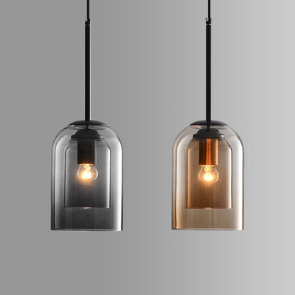Dual-Layer Glass Pendant Light 6 in Smoke Gray E27 Socket Hanging Lamp Adjustable 59 in Cord for Dining Table Kitchen Island Ceiling Fixture