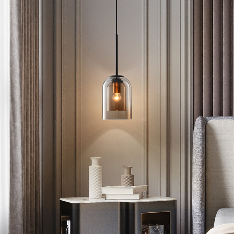 Double-Layer Glass Pendant Light for Kitchen Island & Dining Room – Matte Black Iron with Adjustable 79-Inch Cord, E27 Socket – Modern Indus