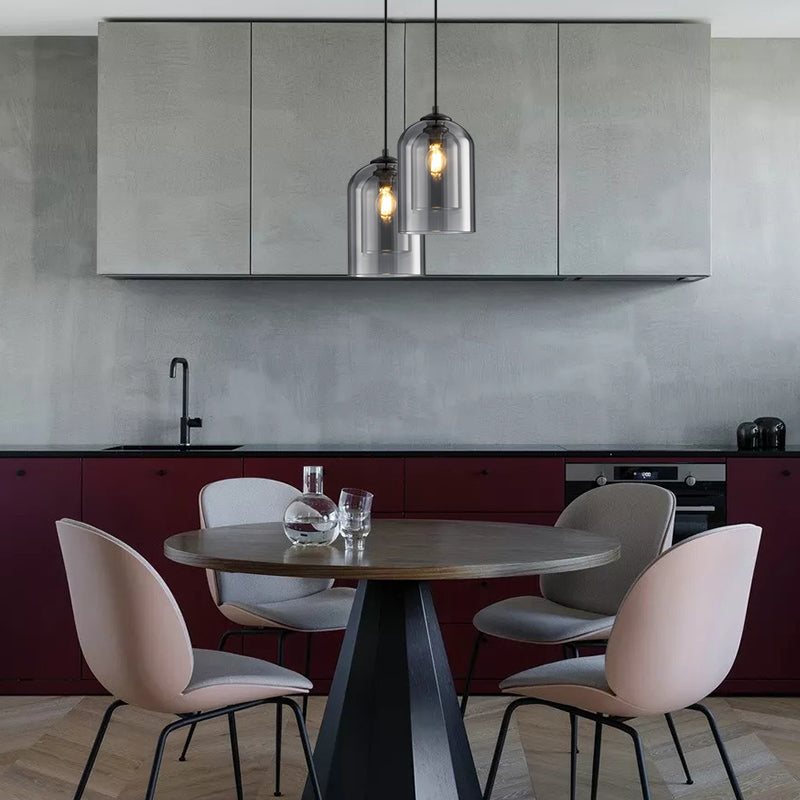 Double-Layer Glass Pendant Light for Kitchen Island & Dining Room – Matte Black Iron with Adjustable 79-Inch Cord, E27 Socket – Modern Indus