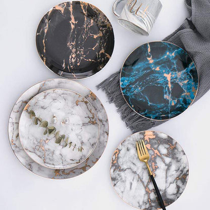 Porcelain Appetizer Plates with Faux Marble Pattern & Metallic Accent – 8 in & 10 in Serving Dishes for Salad, Dessert & Entrees
