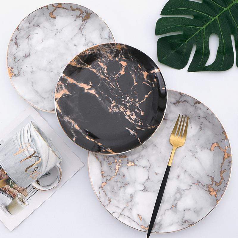 Porcelain Appetizer Plates with Faux Marble Pattern & Metallic Accent – 8 in & 10 in Serving Dishes for Salad, Dessert & Entrees