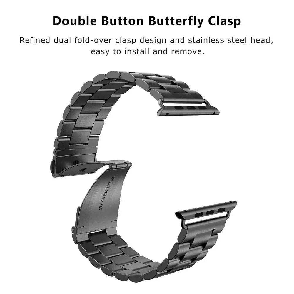 Precision Stainless Steel Link Bracelet for Apple Watch – 38mm to 49mm Connector Fit – Adjustable Wrist Band with Butterfly Clasp for