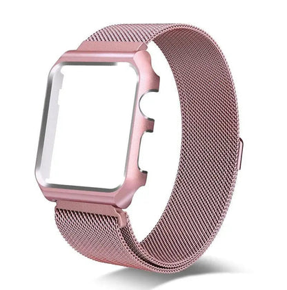 Stainless Steel Mesh Band & Protective Case Bundle for Apple Watch 38mm 40mm 42mm 44mm – Magnetic Adjustable Strap with Coordinated Cover