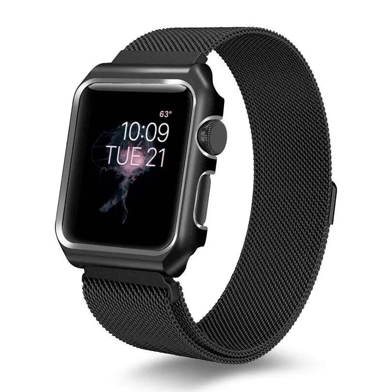 Stainless Steel Mesh Band & Protective Case Bundle for Apple Watch 38mm 40mm 42mm 44mm – Magnetic Adjustable Strap with Coordinated Cover