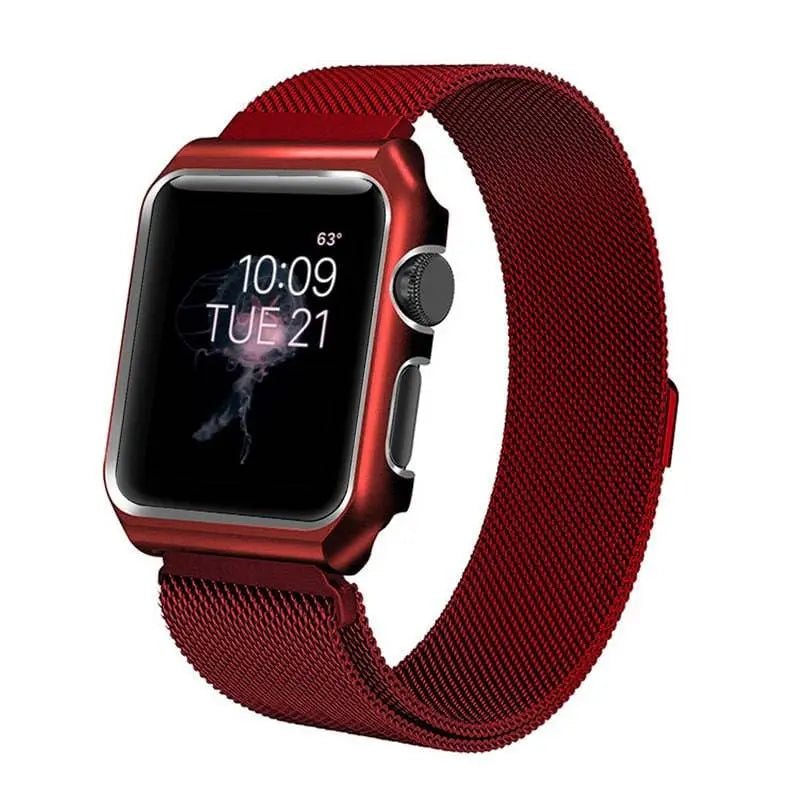 Stainless Steel Mesh Band & Protective Case Bundle for Apple Watch 38mm 40mm 42mm 44mm – Magnetic Adjustable Strap with Coordinated Cover
