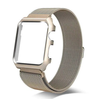 Stainless Steel Mesh Band & Protective Case Bundle for Apple Watch 38mm 40mm 42mm 44mm – Magnetic Adjustable Strap with Coordinated Cover