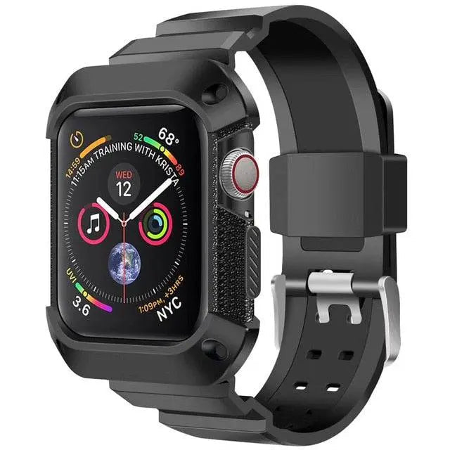 Protective Sport Strap with Bumper Case for Apple Watch – Rugged Wristband with Shock-Absorbing Frame – Compatible with 38/40/41/42mm and