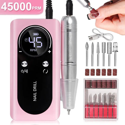 Cordless Electric Nail Drill 45000 RPM Rechargeable Manicure Tool Kit for Acrylic Nails Gel Polish Removal Pedicure Filing Shaping Polishing