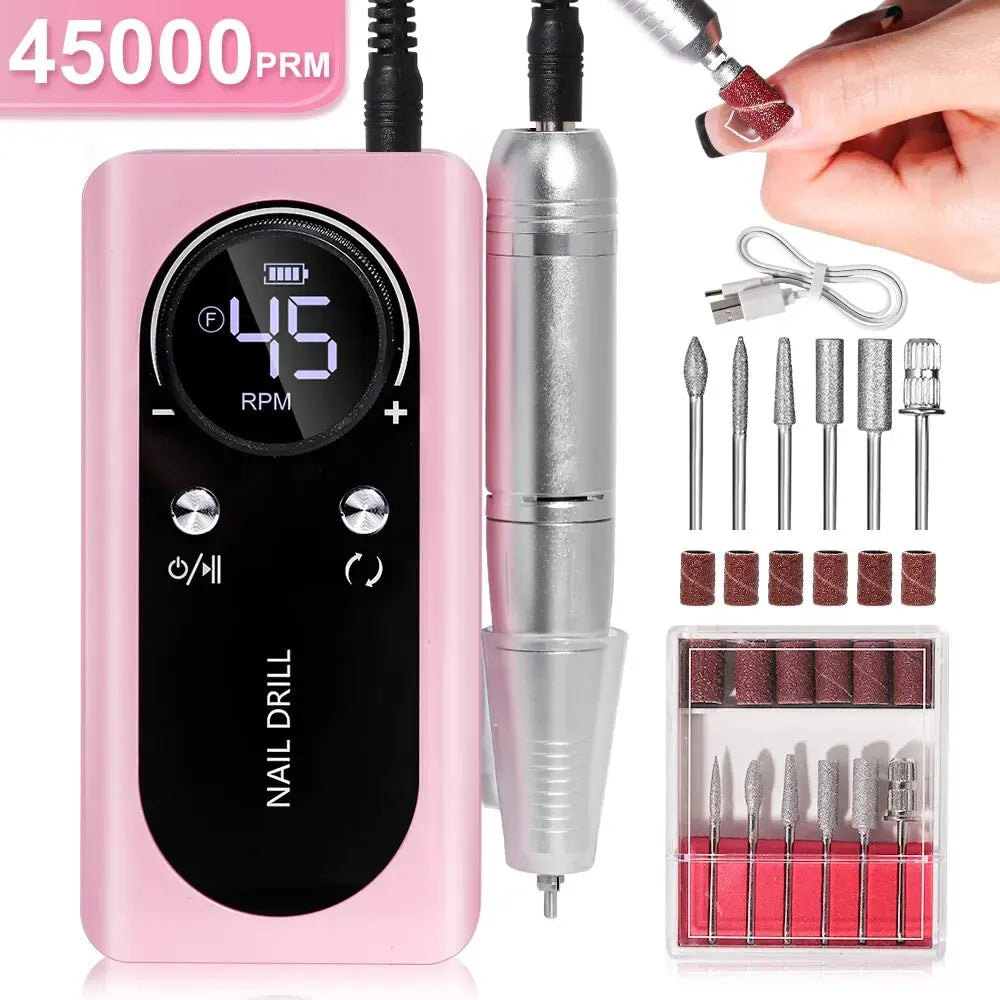 Cordless Electric Nail Drill 45000 RPM Rechargeable Manicure Tool Kit for Acrylic Nails Gel Polish Removal Pedicure Filing Shaping Polishing