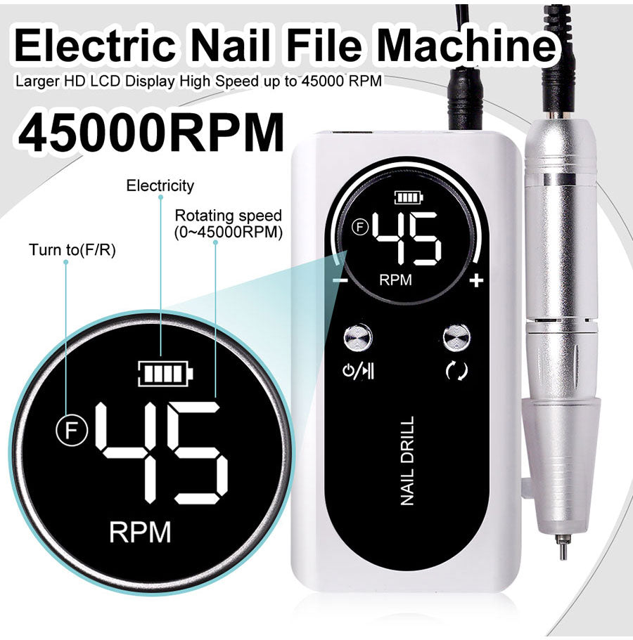 Cordless Electric Nail Drill 45000 RPM Rechargeable Manicure Tool Kit for Acrylic Nails Gel Polish Removal Pedicure Filing Shaping Polishing