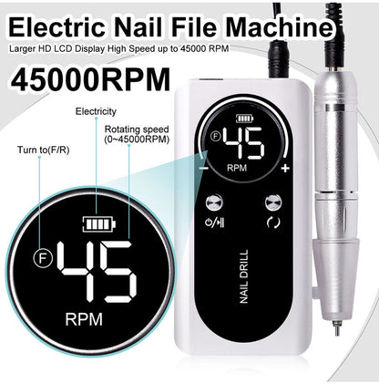 Cordless Electric Nail Drill 45000 RPM Rechargeable Manicure Tool Kit for Acrylic Nails Gel Polish Removal Pedicure Filing Shaping Polishing