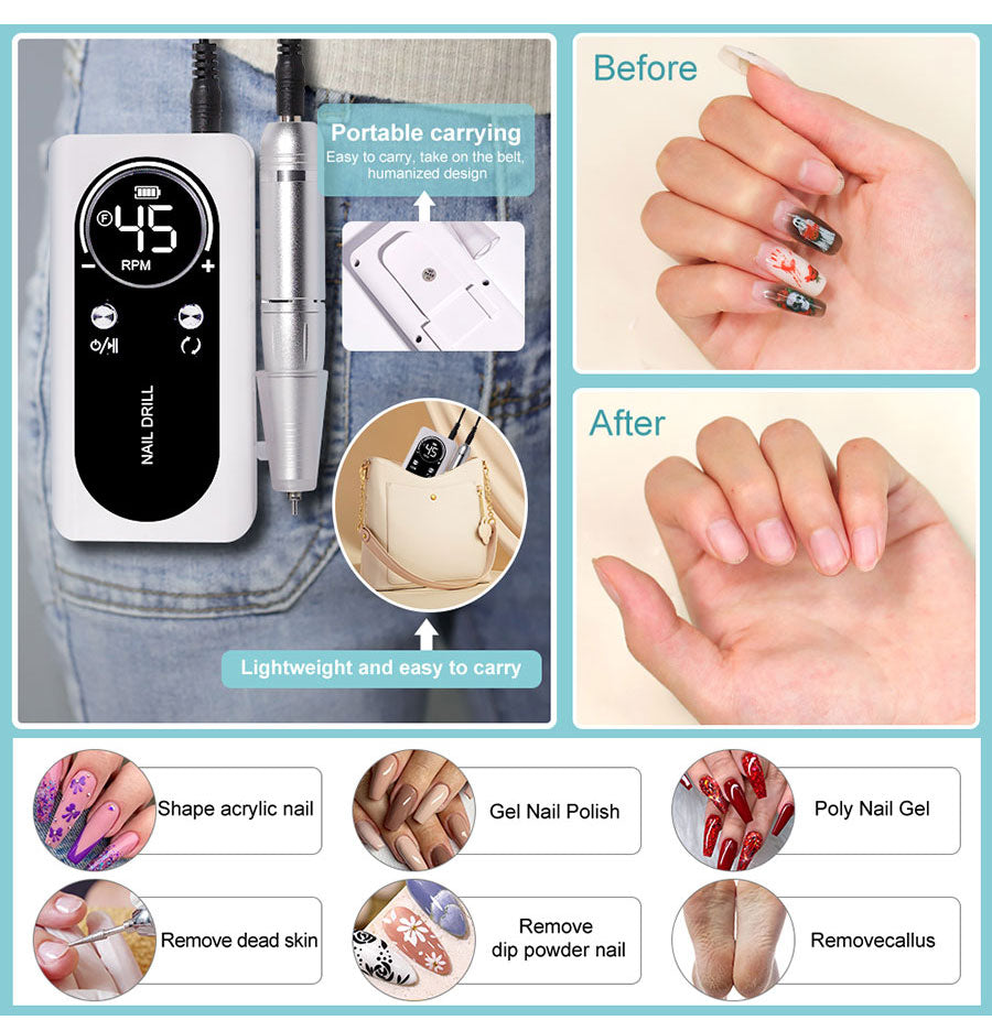 Cordless Electric Nail Drill 45000 RPM Rechargeable Manicure Tool Kit for Acrylic Nails Gel Polish Removal Pedicure Filing Shaping Polishing