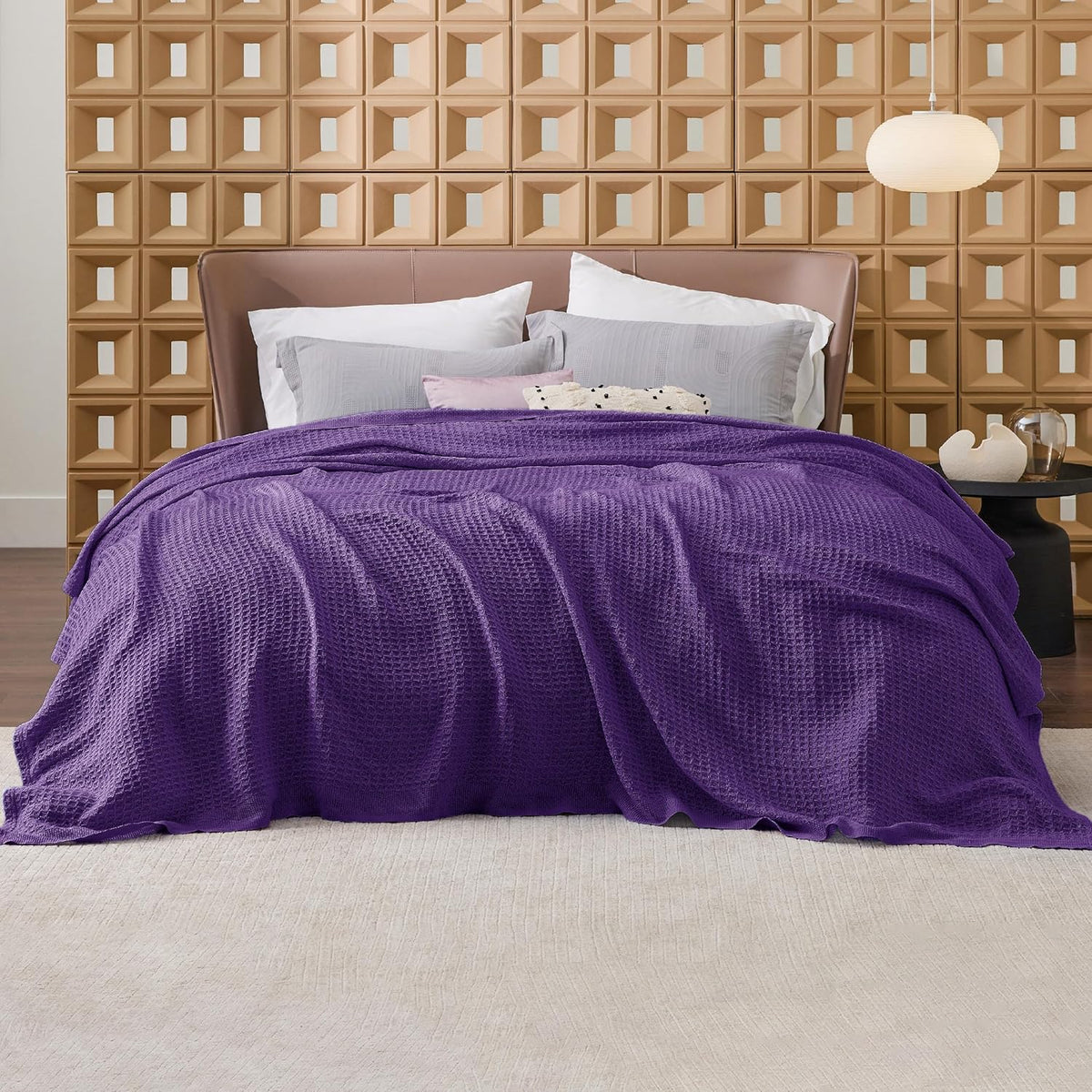 Cotton Throw Blanket for Bed, Waffle Weave Queen Size Blanket for All Seasons, Soft Breathable Cotton Blanket for Couch