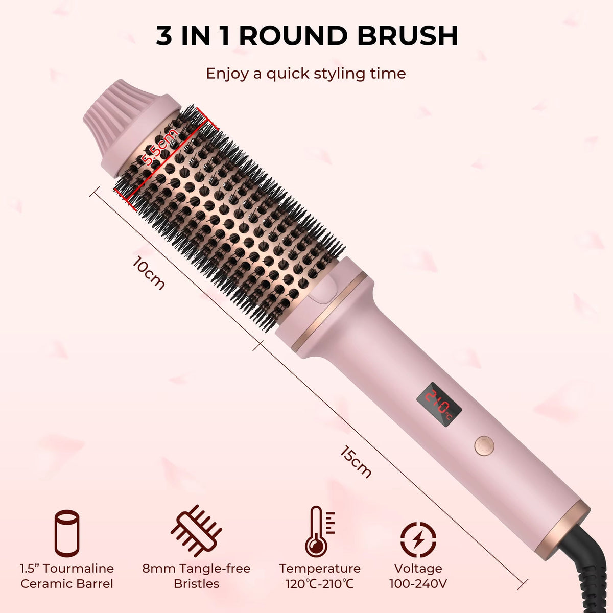 3-in-1 Heated Styling Brush with Ionic Technology for Smooth, Frizz-Free Hair – Fast Heat, 9 Temperature Levels – Multi-Function Curling &