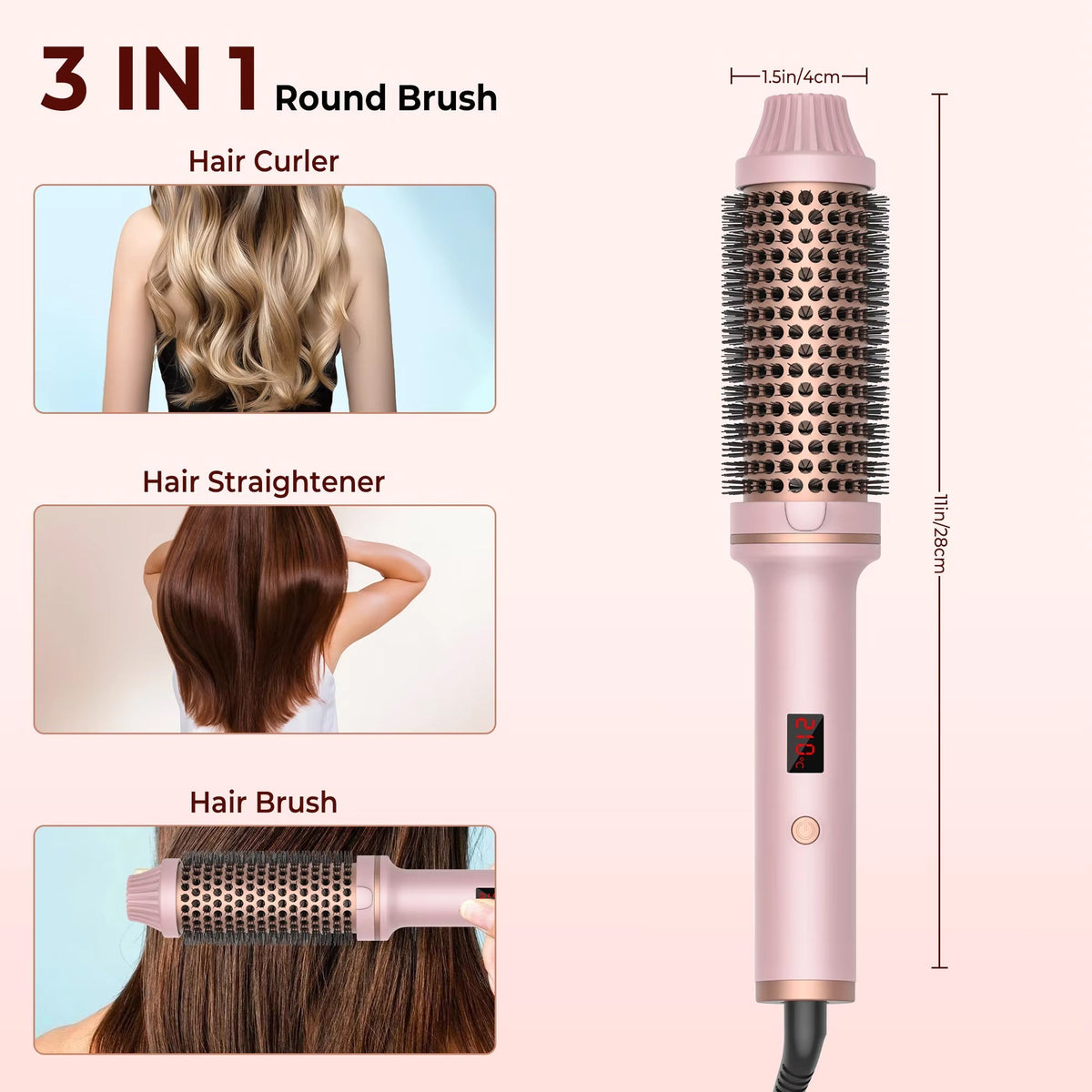 3-in-1 Heated Styling Brush with Ionic Technology for Smooth, Frizz-Free Hair – Fast Heat, 9 Temperature Levels – Multi-Function Curling &
