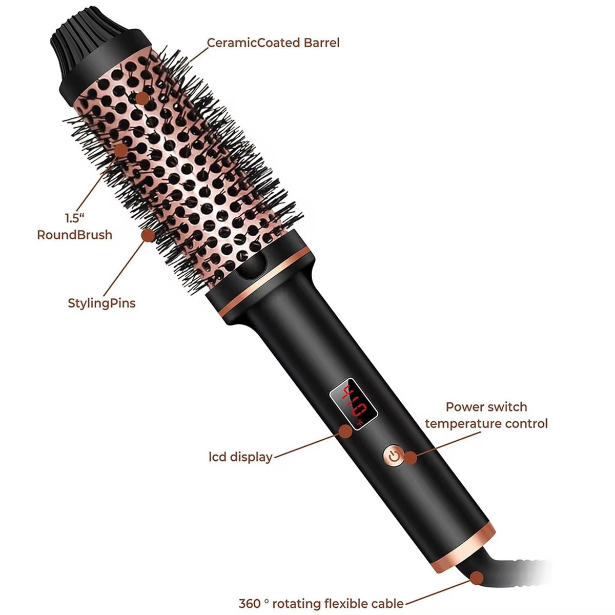 3-in-1 Heated Styling Brush with Ionic Technology for Smooth, Frizz-Free Hair – Fast Heat, 9 Temperature Levels – Multi-Function Curling &