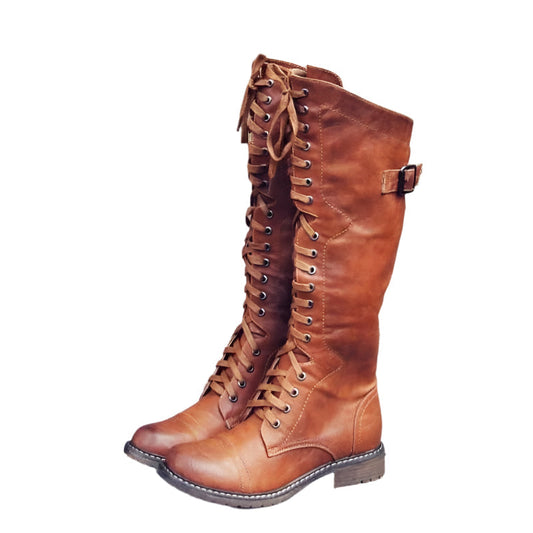 Women's Knee-High Lace-Up Leather Boots with Side Zipper & Metal Hooks for Everyday Wear, Work & Weekend Style