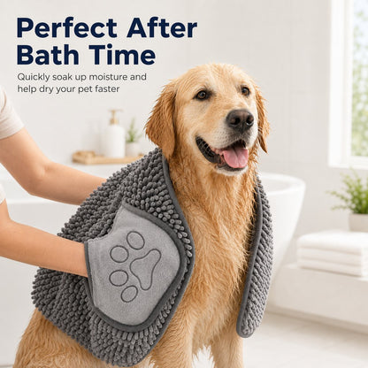 Ortekor Quick-Drying Pet Towel for Bath Time & Rainy Walks - Soft Chenille Mitt for Wet Fur & Muddy Paws