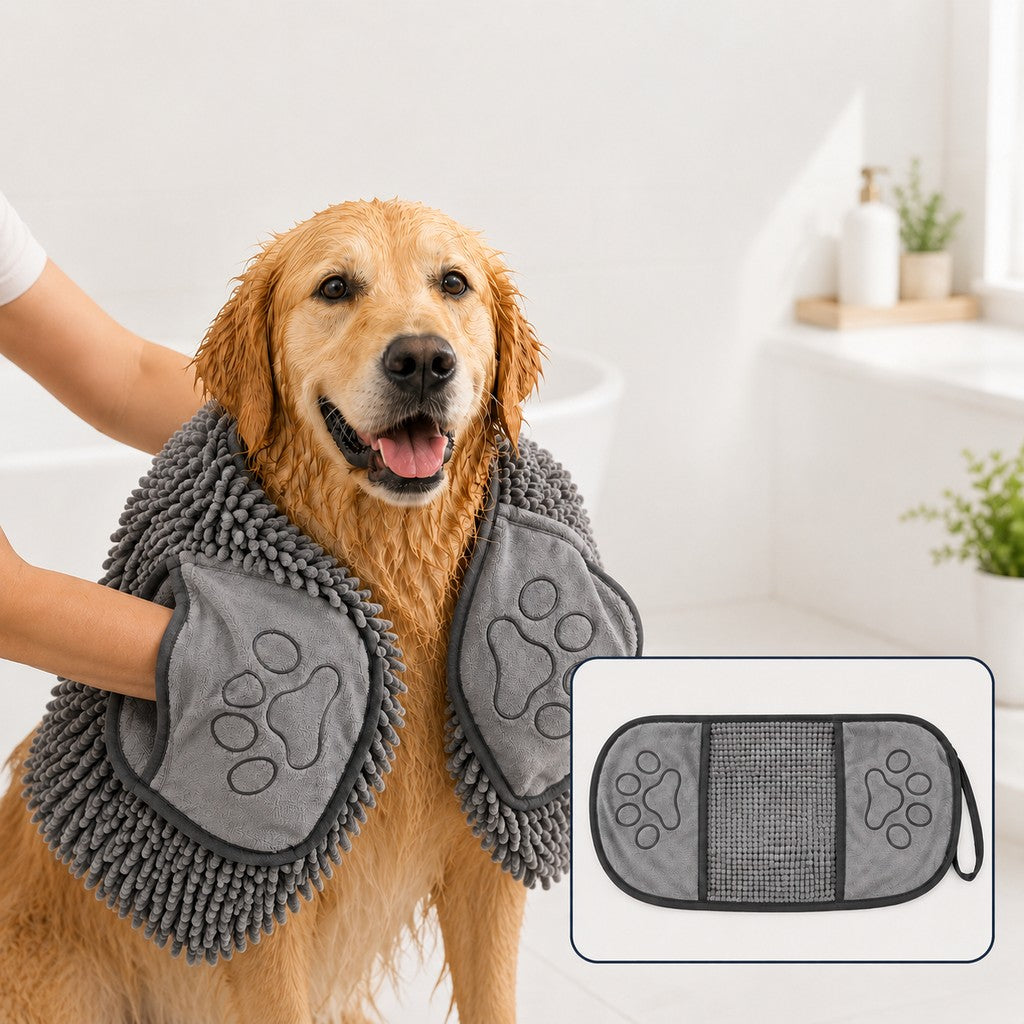 Ortekor Quick-Drying Pet Towel for Bath Time & Rainy Walks - Soft Chenille Mitt for Wet Fur & Muddy Paws