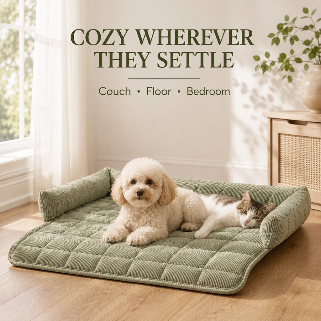 Ortekor Quilted Pet Couch Bed & Sofa Protector for Dogs & Cats – 3-Sided Bolster Corduroy Lounger with Non-Slip Backing for Couch, Floor & Bedroom – Helps Reduce Fur & Everyday Sofa Mess